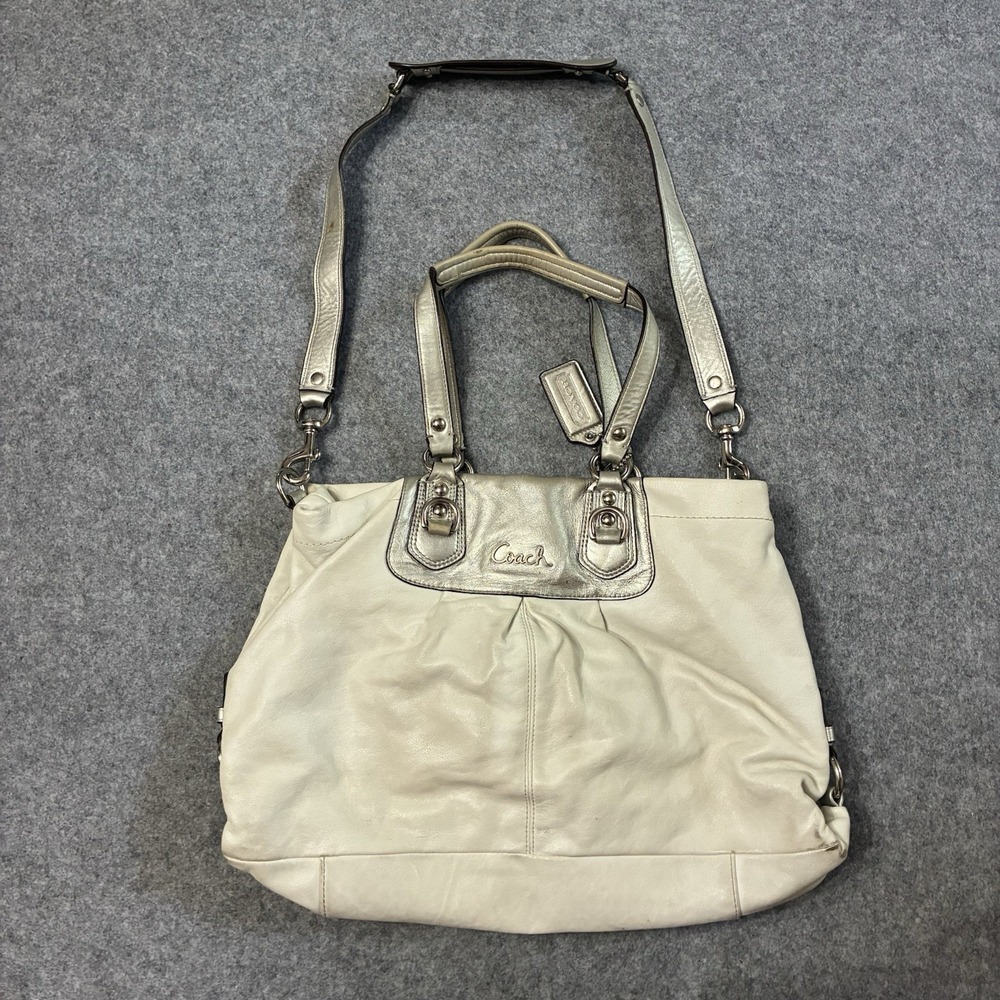 Y2K COACH ASHLEY White Silver Leather Handbag Big Tote Purse Pink Lining F15513